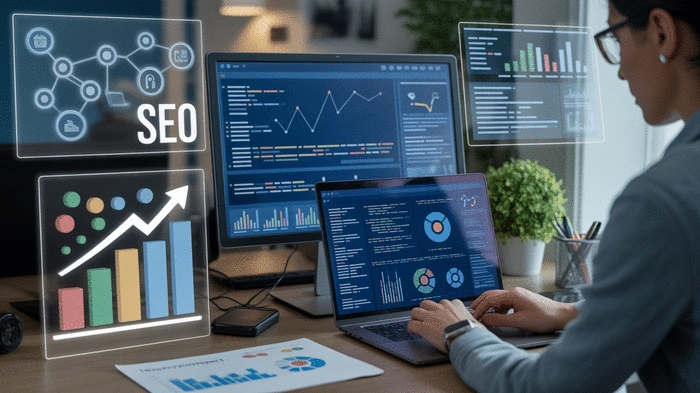 Laptop z raportem SEO